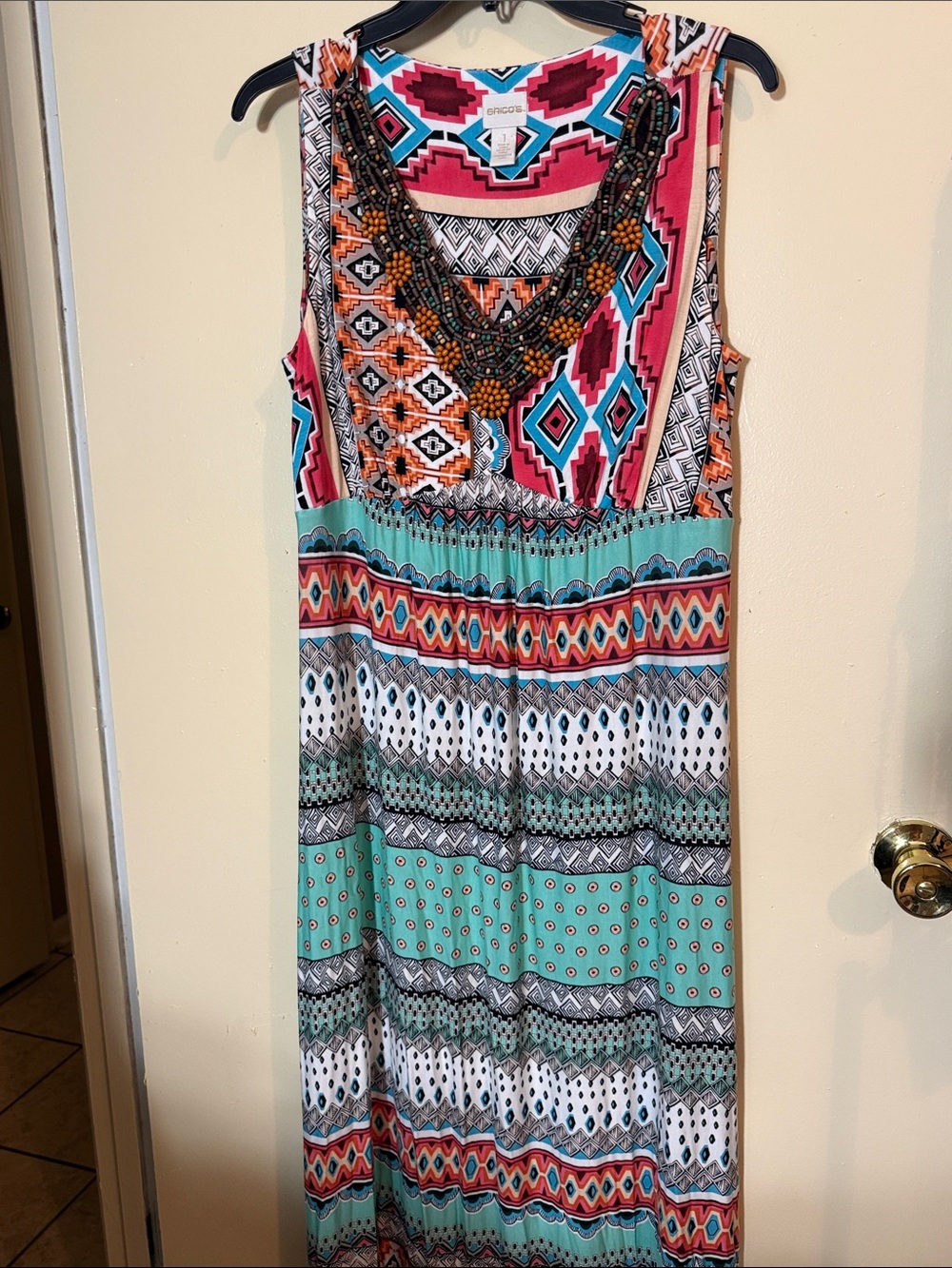 Chico's Beaded-Neckline Geometric Maxi Dress - Coral, Teal, White, Black